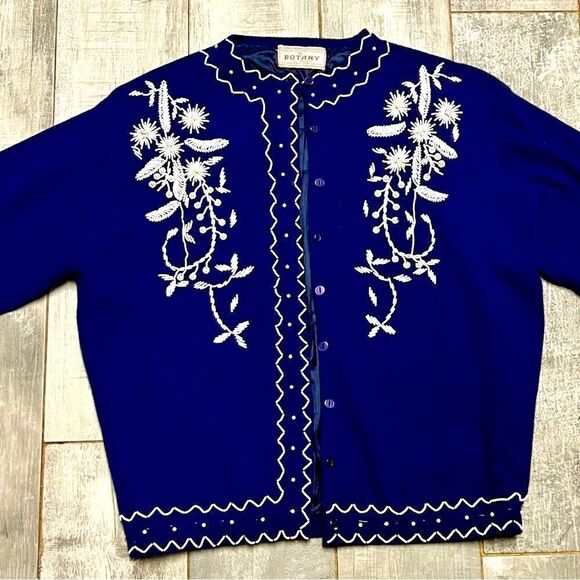 Vtg Cardigan Beaded Floral Navy Blue White Hand Made Cottagecore Lined Jacket M - Picture 10 of 15